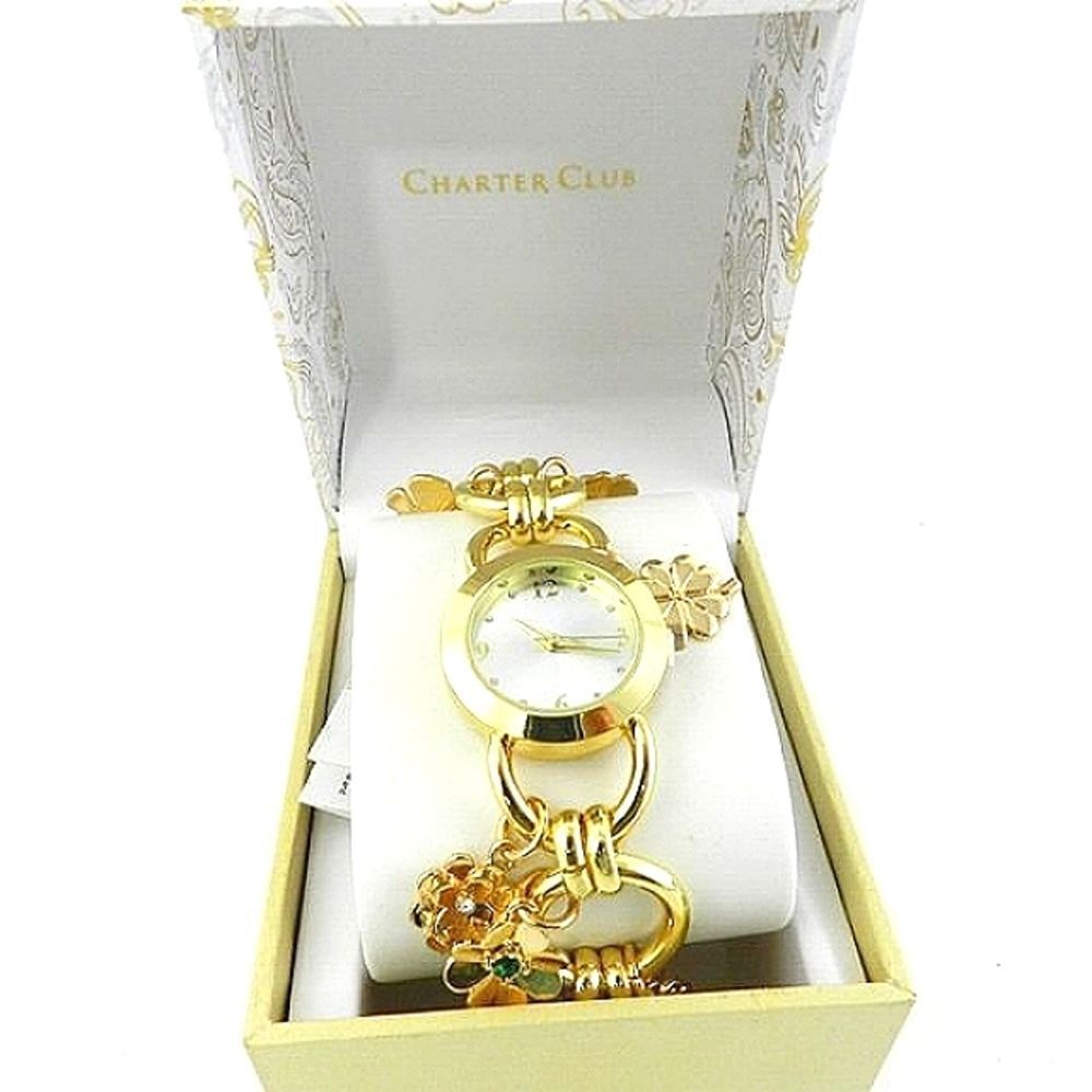Womens CHARTER CLUB Lucky Crystal Accented Four Leaf Clovers/Floral Charm Watch